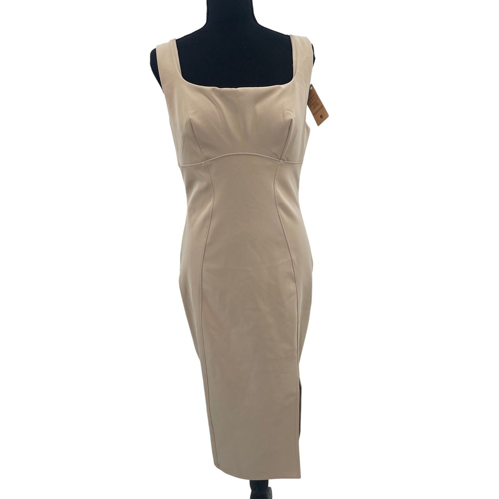 Popilush Midi Dress Womens L Beige Faux Leather Square Neck Slit Bodycon NWT